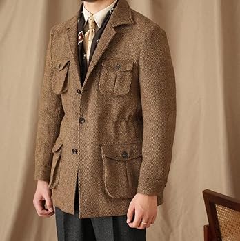 Men's Herringbone Tweed Safari Jacket Classic Blazer Wool Suit